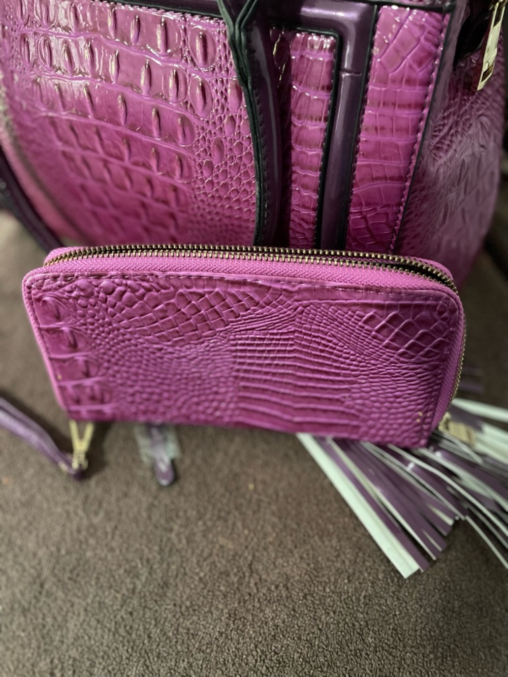Structured Croc-Embossed Satchel and Wallet in Fuchsia - Picture 2 of 12